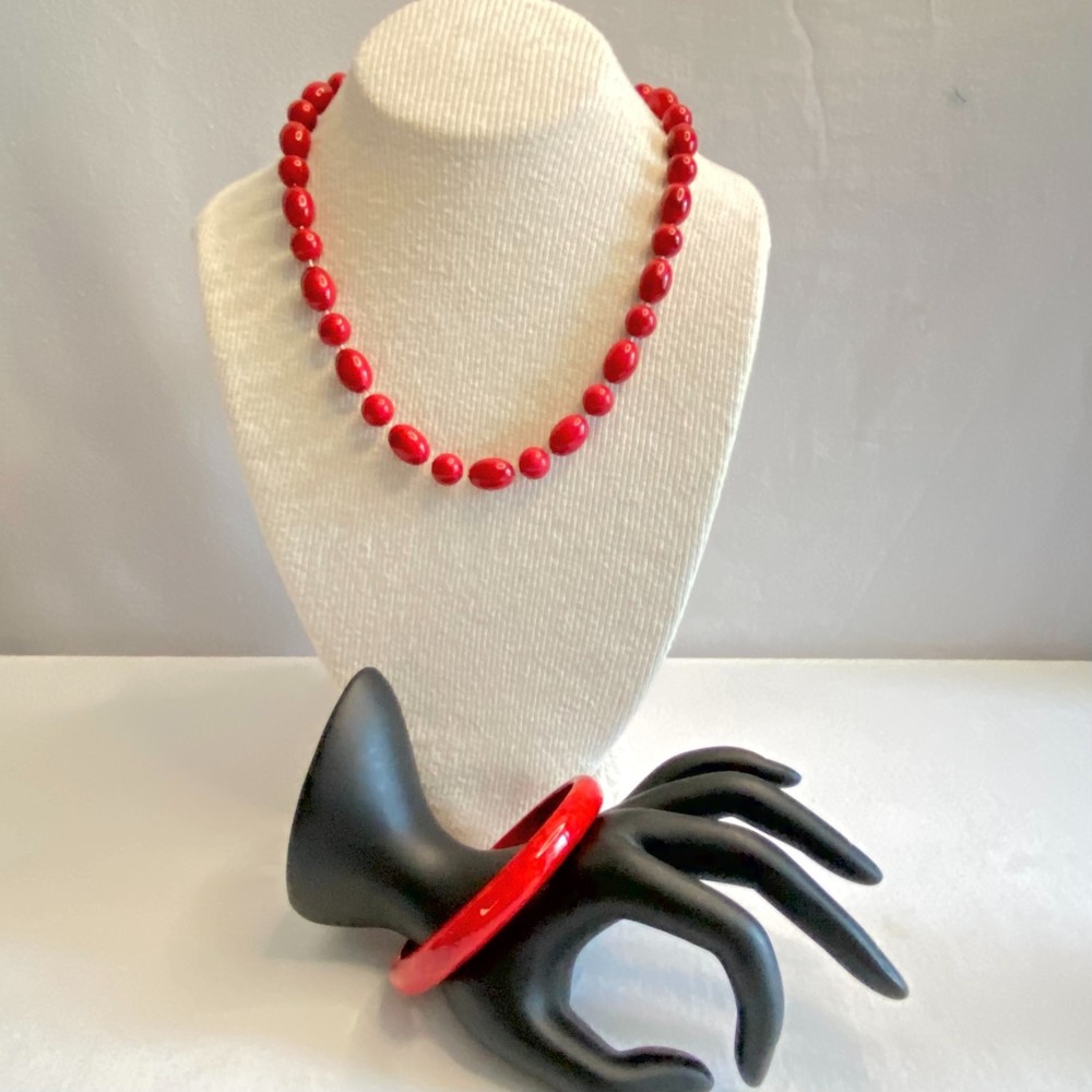 💎Red Beaded Necklace Bangle Bracelet Matching Set Boho Vintage